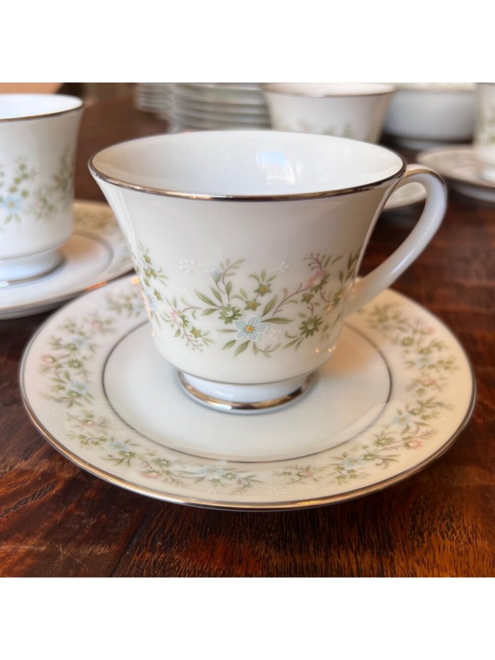 VTG Noritake Savannah Cup & Saucer Set Floral Pattern Platinum Trim Japan 2031